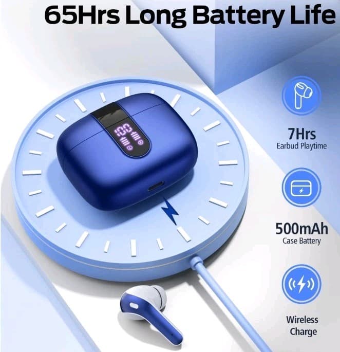 NEW Bluetooth 5.4 Wireless Earbuds Dual Display Touch Control Blue - Thumbnail 9