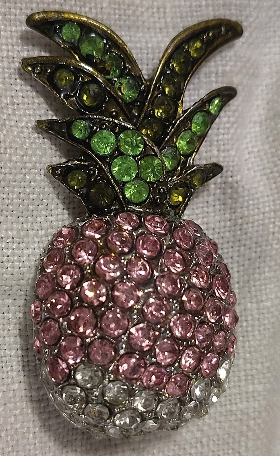 Vintage Pineapple Shaped Rhinestone Brooch Pink Green Silver Tone 2" Setting - Thumbnail 4