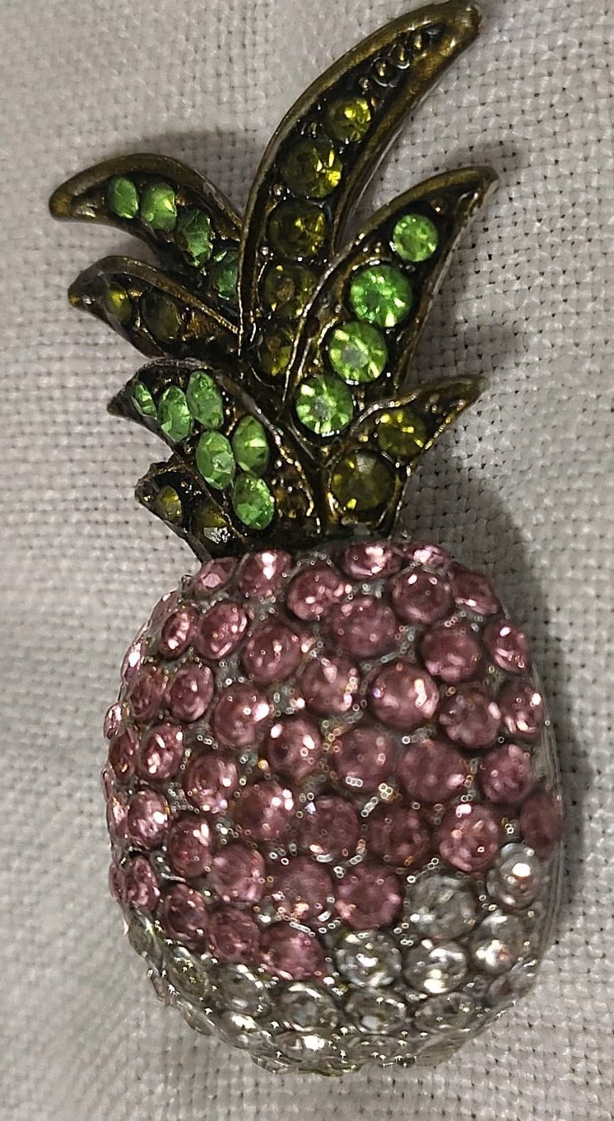 Vintage Pineapple Shaped Rhinestone Brooch Pink Green Silver Tone 2" Setting