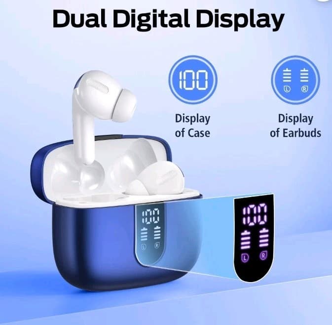NEW Bluetooth 5.4 Wireless Earbuds Dual Display Touch Control Blue - Thumbnail 3