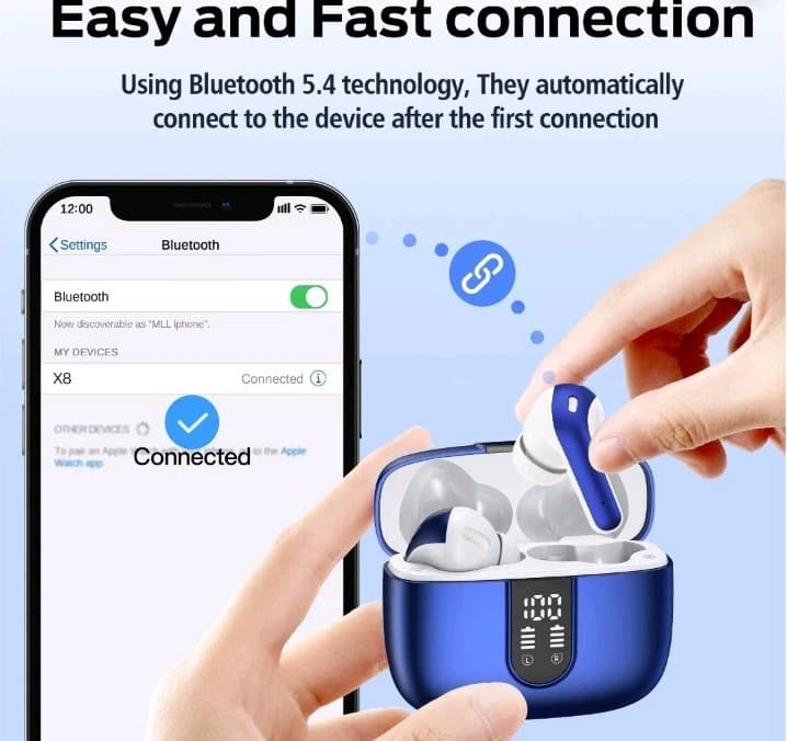 NEW Bluetooth 5.4 Wireless Earbuds Dual Display Touch Control Blue - Thumbnail 10