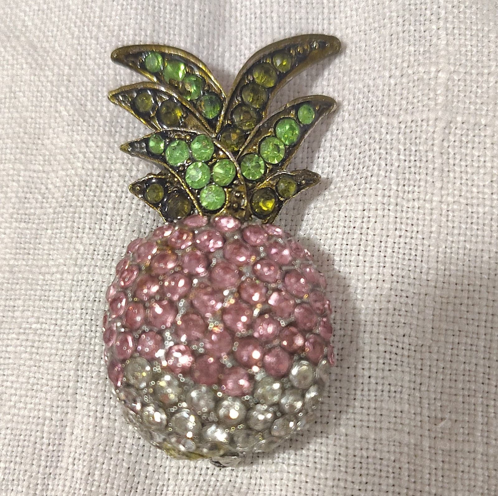 Vintage Pineapple Shaped Rhinestone Brooch Pink Green Silver Tone 2" Setting - Thumbnail 9