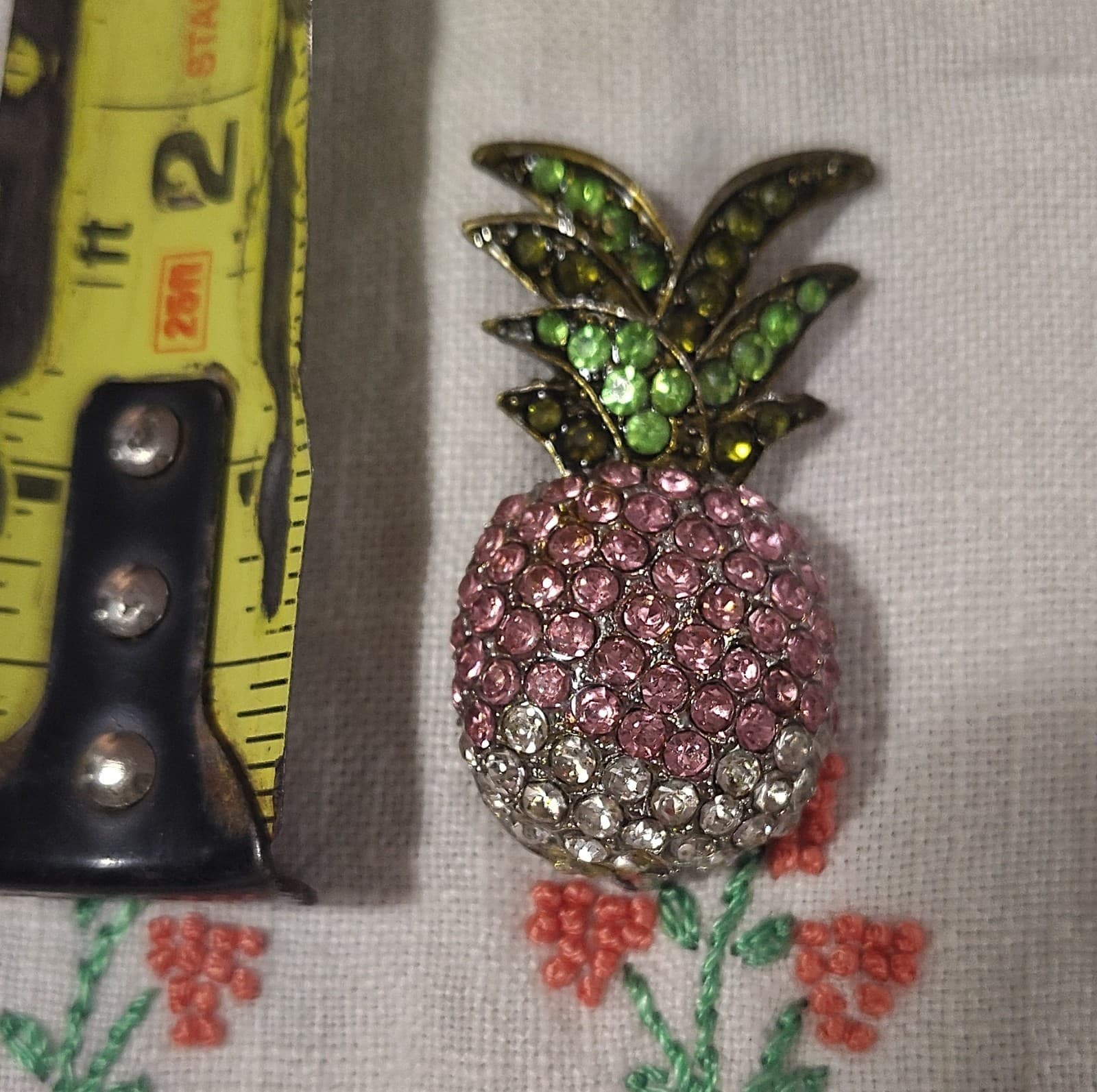 Vintage Pineapple Shaped Rhinestone Brooch Pink Green Silver Tone 2" Setting - Thumbnail 3