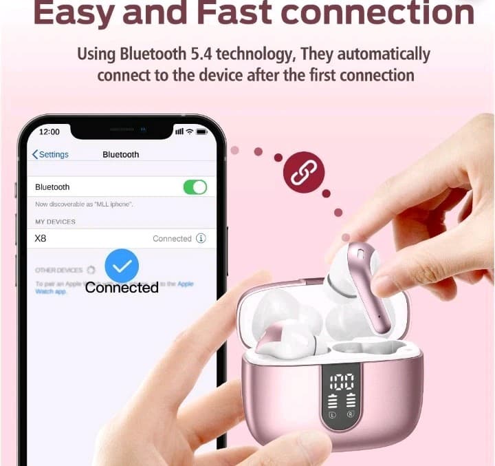 X8 Pink Bluetooth 5.4 Wireless Earbuds Touch Control Dual Display IP7 - Thumbnail 10