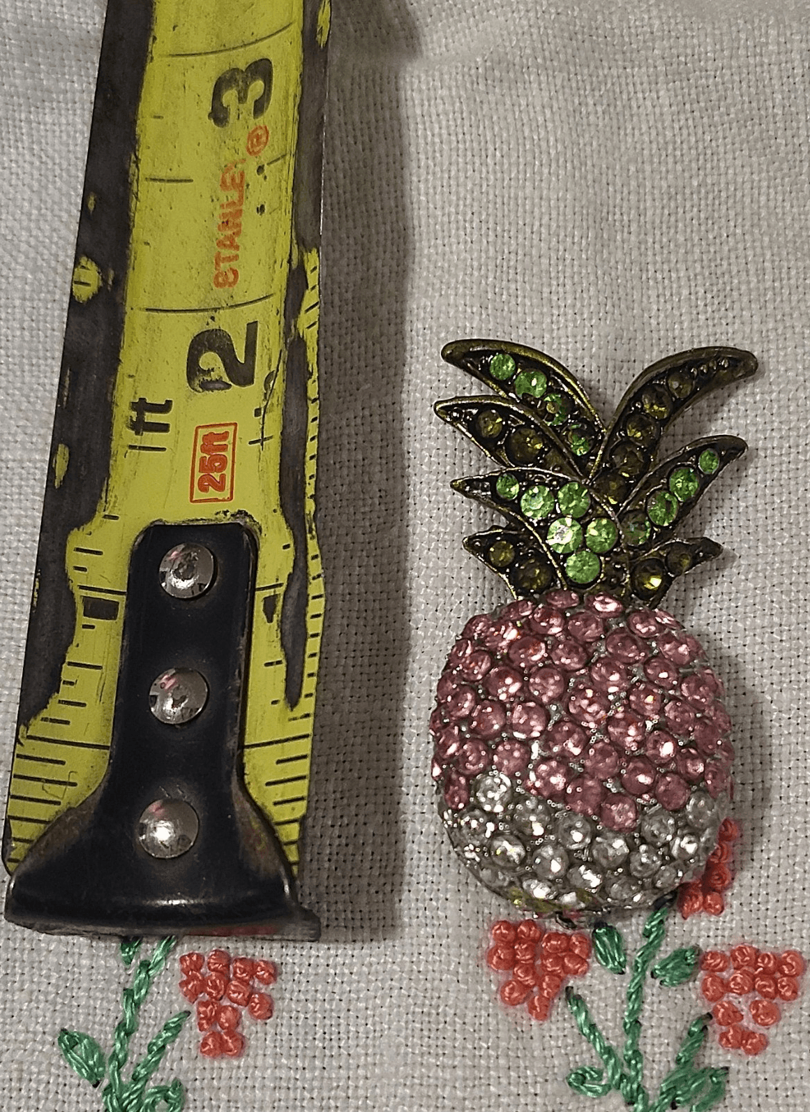 Vintage Pineapple Shaped Rhinestone Brooch Pink Green Silver Tone 2" Setting - Thumbnail 2