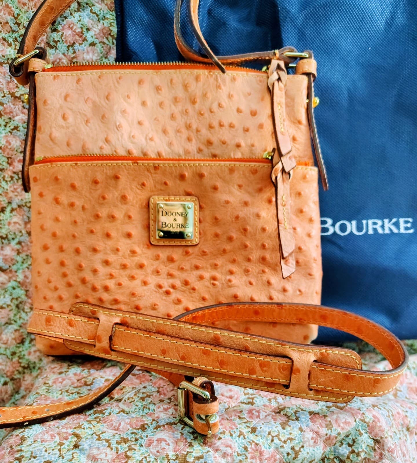 DOONEY & BOURKE Ostrich Leather Double Zip Crossbody Bag, Dust Bag