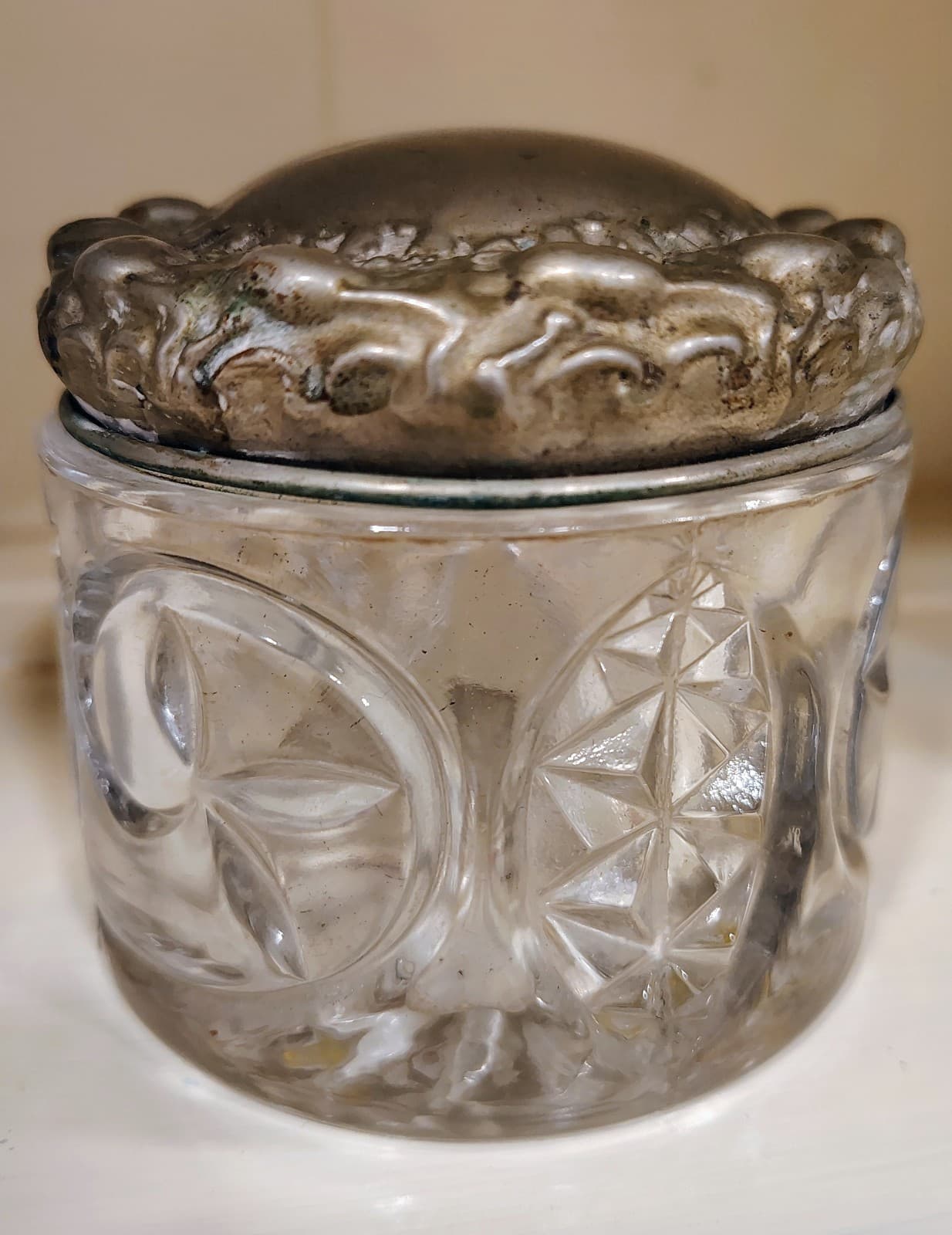 Antique 1880-1890 Ornate Cut Glass Jar With Silver Lid