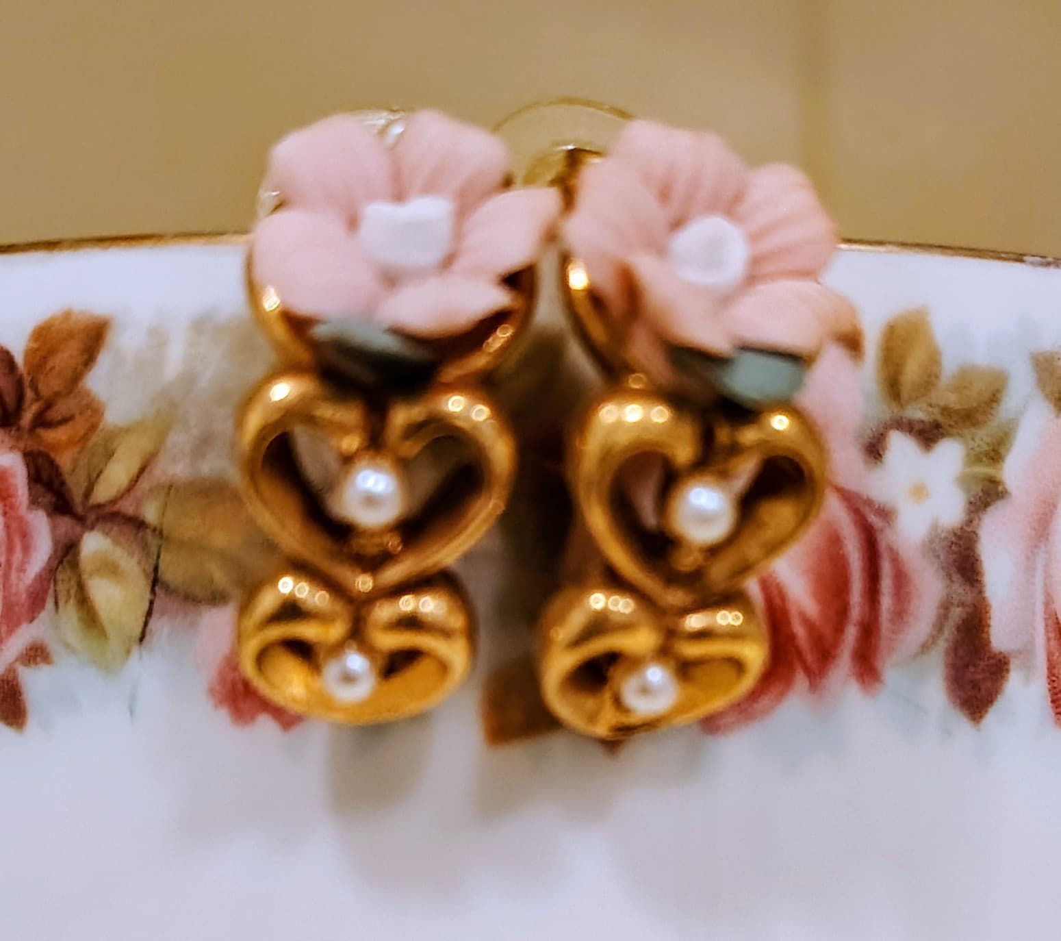 Avon Vintage 1980's Half Moon Hearts With Faux Pearls & Roses Pierced Earrings