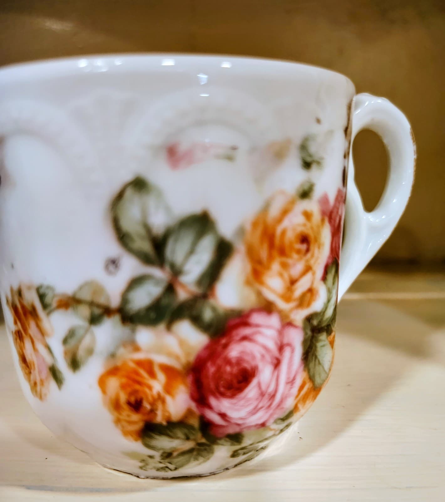 Vintage Early 1900's Porcelain Teacup, Pink Orange Roses - Thumbnail 6