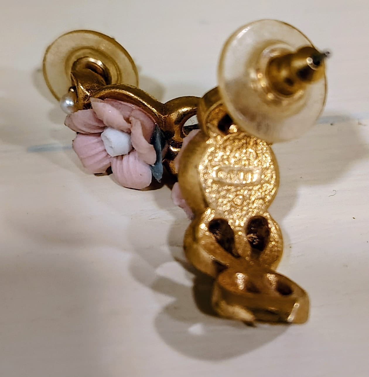 Avon Vintage 1980's Half Moon Hearts With Faux Pearls & Roses Pierced Earrings - Thumbnail 6