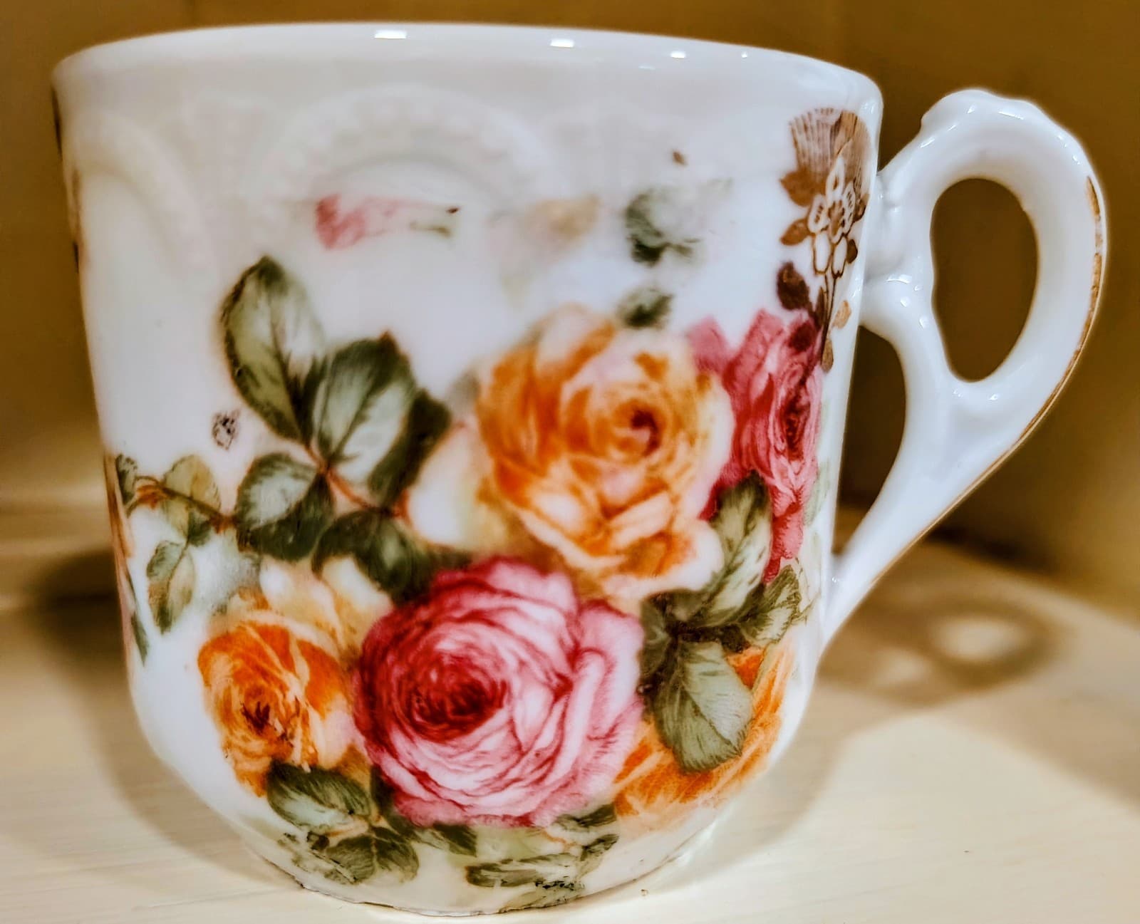 Vintage Early 1900's Porcelain Teacup, Pink Orange Roses