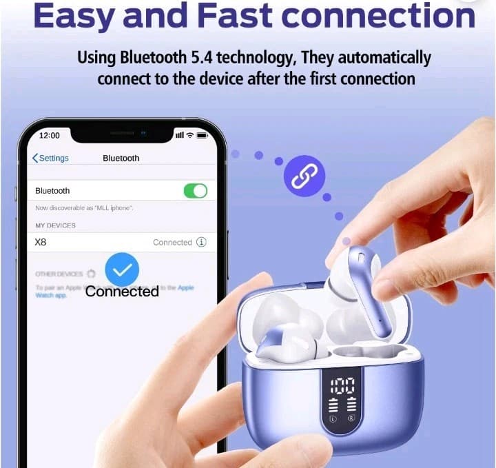 NIB X8 Bluetooth 5.4 Wireless Earbuds Blue, Touch Control, Dual Display, IP7 - Thumbnail 3