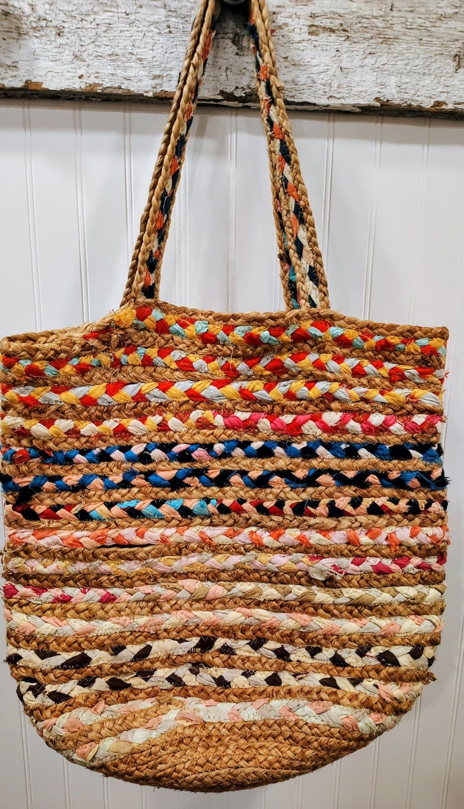 Handmade Bohemian Woven Jute And Fabric Woven Tote Bag