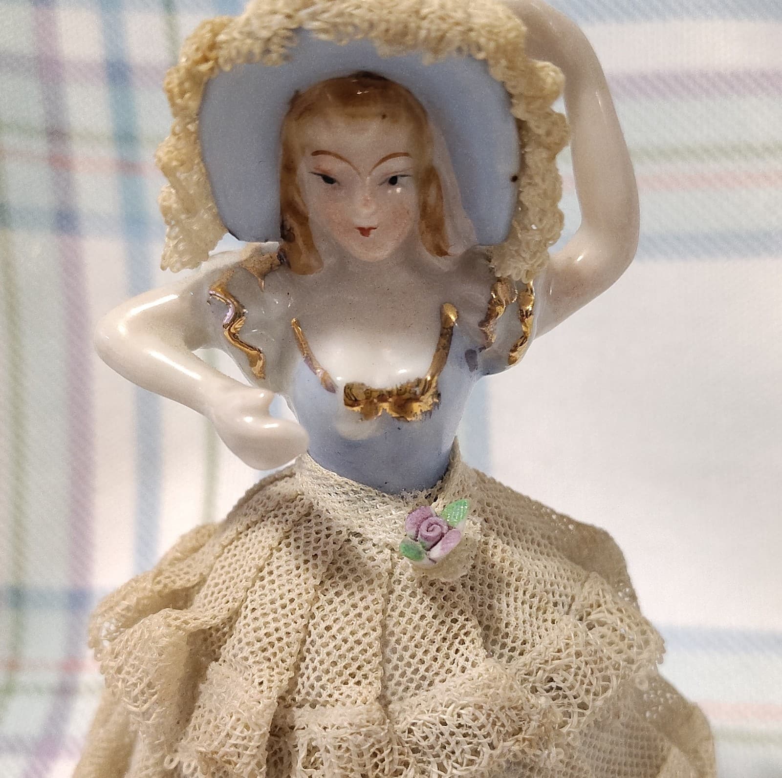 Vintage Porcelain Woman Figurine Lace Dress & Bonnet 5 in - Thumbnail 2