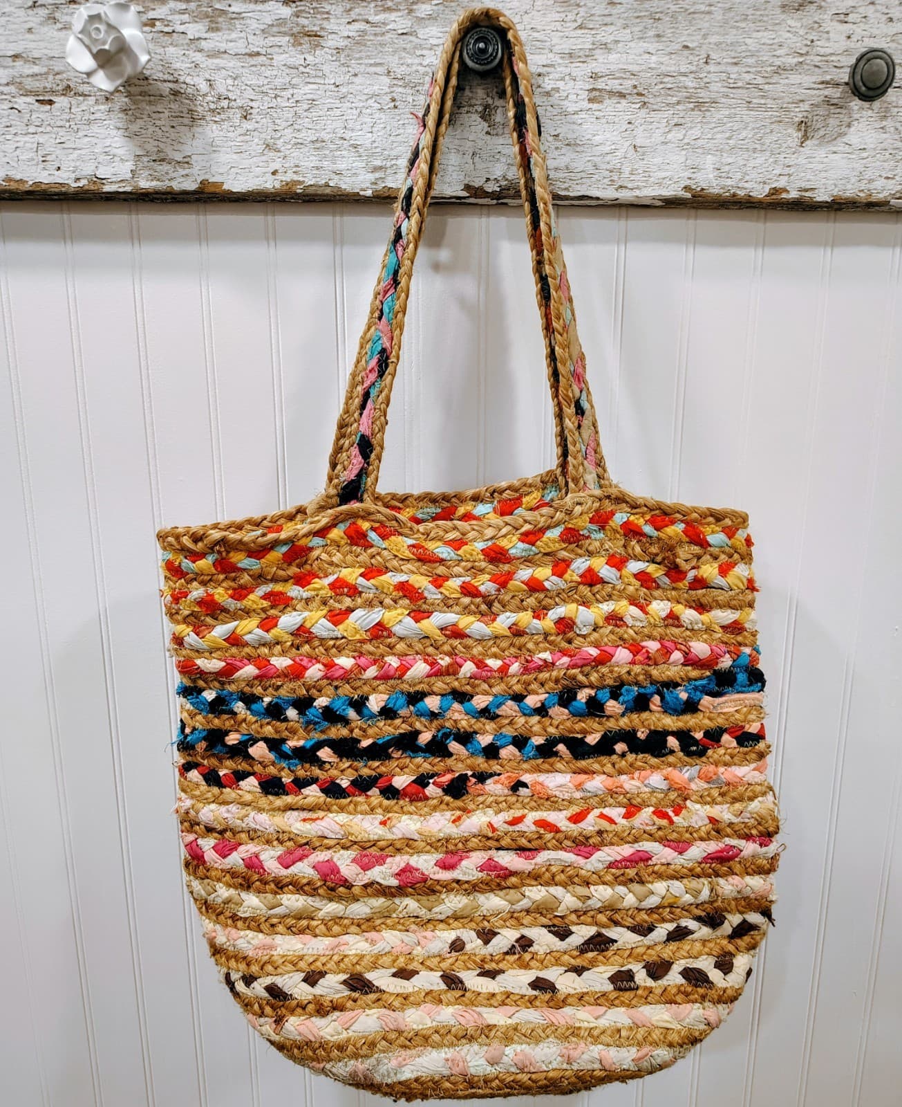 Handmade Bohemian Woven Jute And Fabric Woven Tote Bag - Thumbnail 2