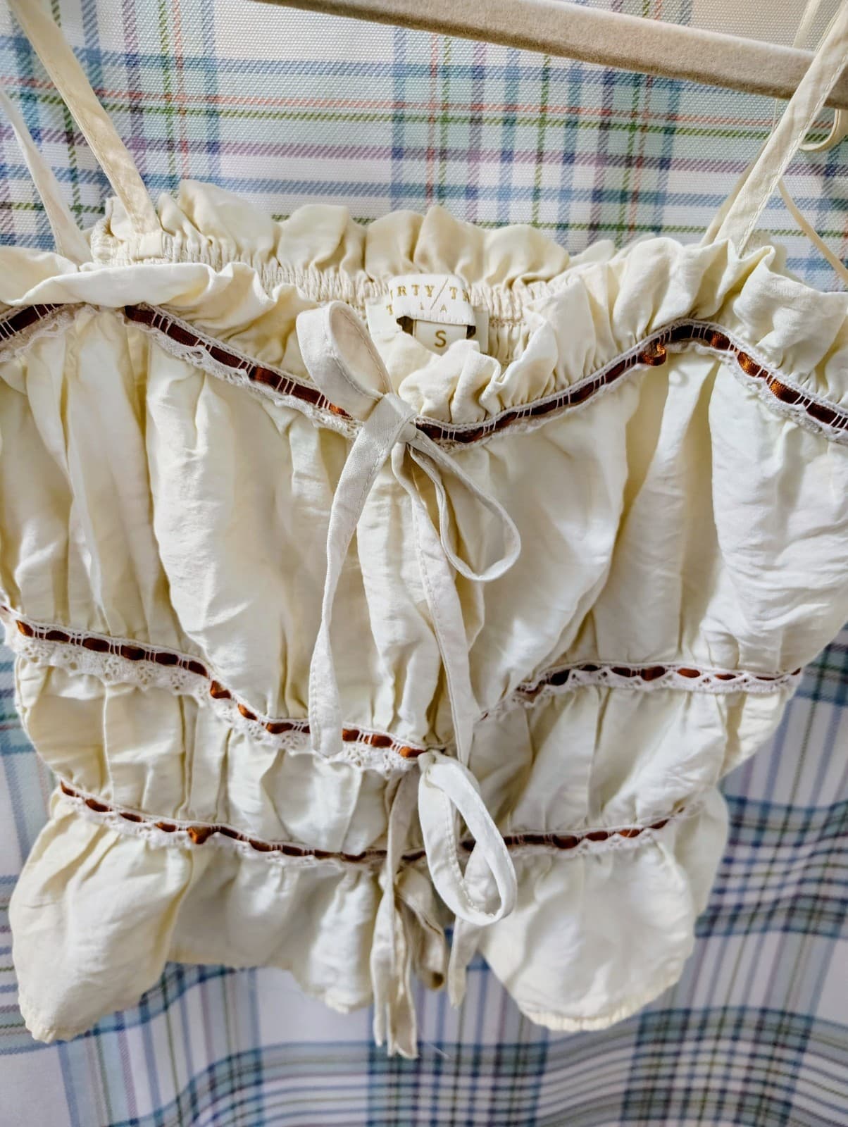 Thirty/Thirty LA Beige Boho Lace Ribbon Trim Ruffle Bow Tank Top Tie Smocked, Sm - Thumbnail 2