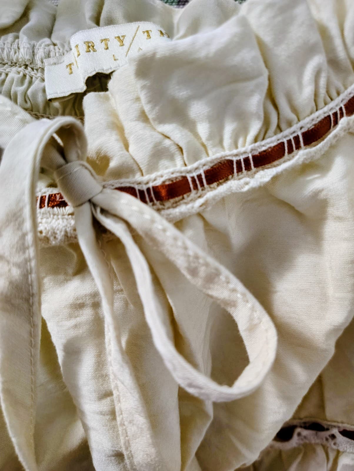 Thirty/Thirty LA Beige Boho Lace Ribbon Trim Ruffle Bow Tank Top Tie Smocked, Sm - Thumbnail 4