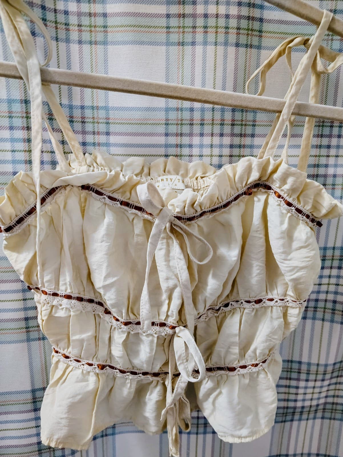 Thirty/Thirty LA Beige Boho Lace Ribbon Trim Ruffle Bow Tank Top Tie Smocked, Sm - Thumbnail 3