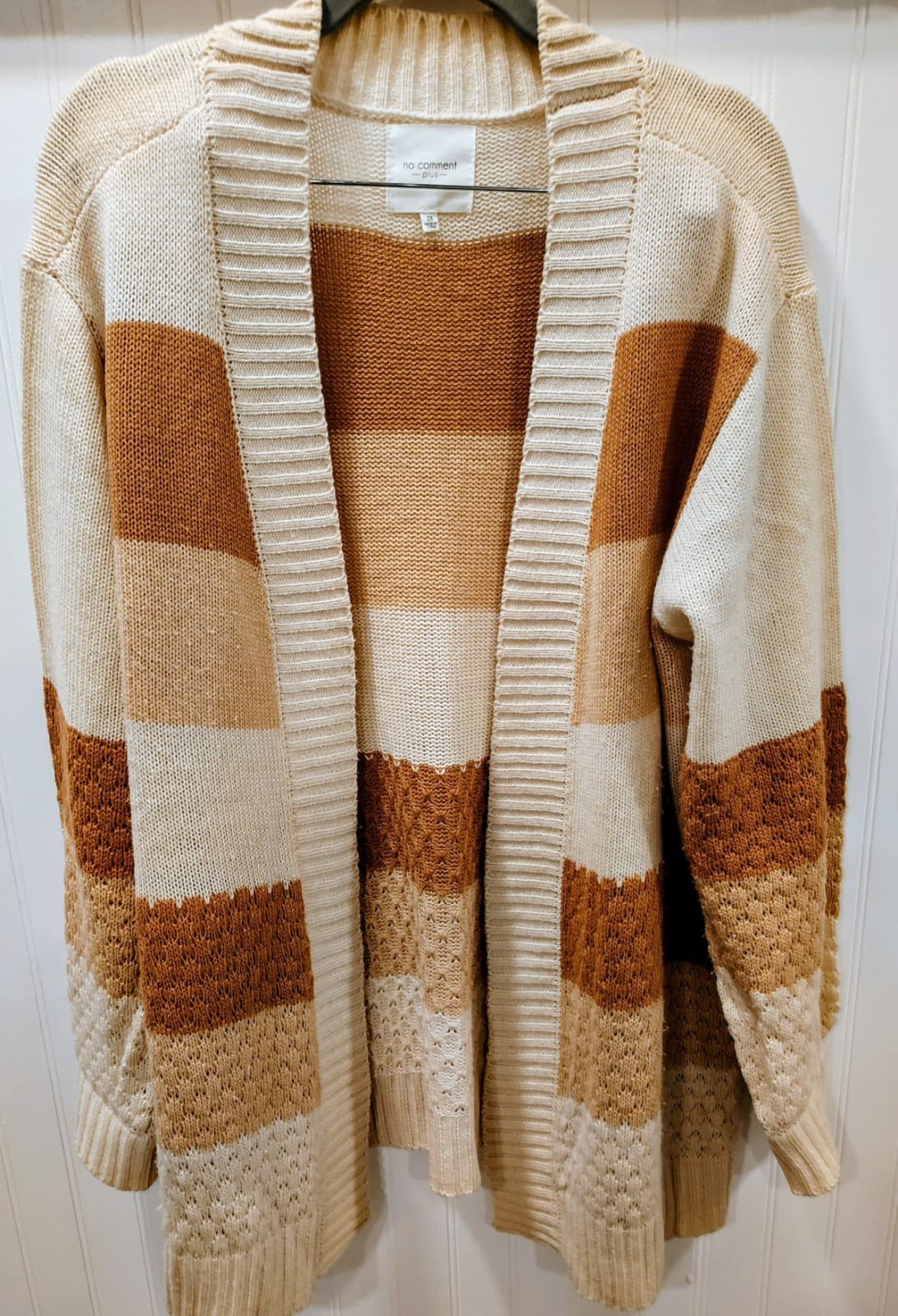 No Comment brand color-block cardigan, beige, rust brown, Women's Plus 2X