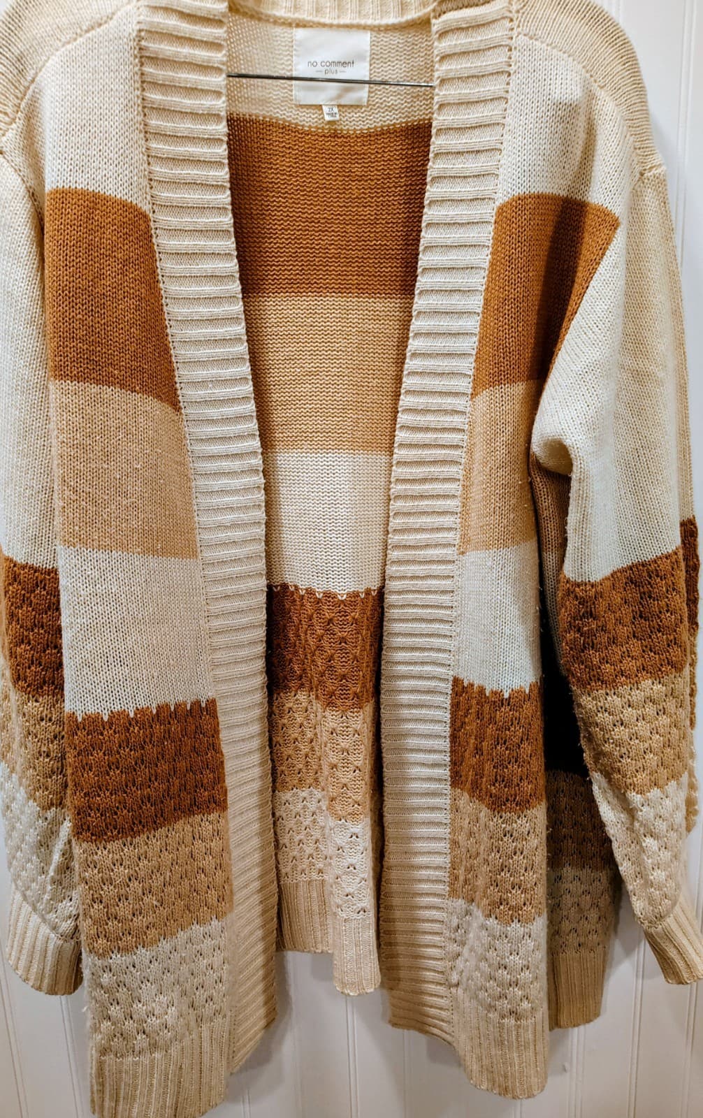 No Comment brand color-block cardigan, beige, rust brown, Women's Plus 2X - Thumbnail 2