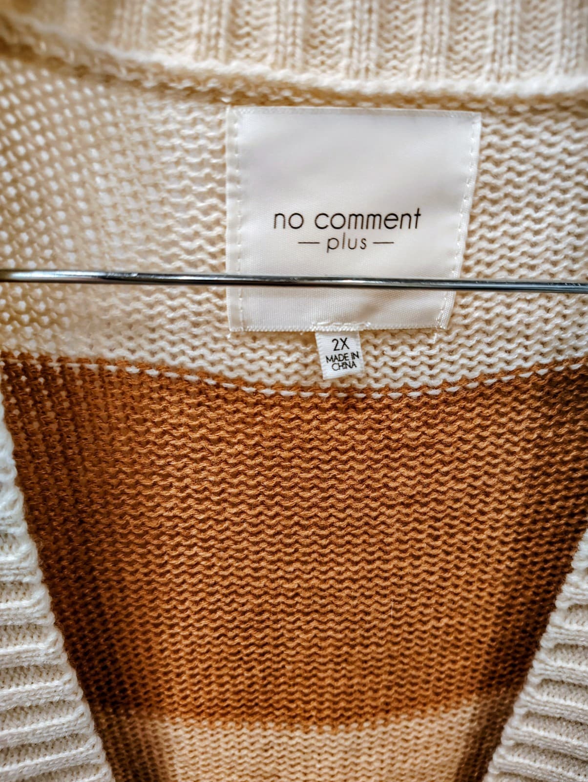 No Comment brand color-block cardigan, beige, rust brown, Women's Plus 2X - Thumbnail 4