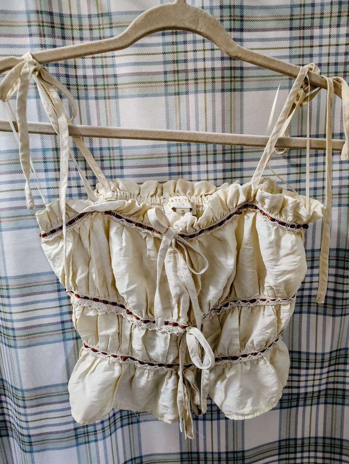 Thirty/Thirty LA Beige Boho Lace Ribbon Trim Ruffle Bow Tank Top Tie Smocked, Sm