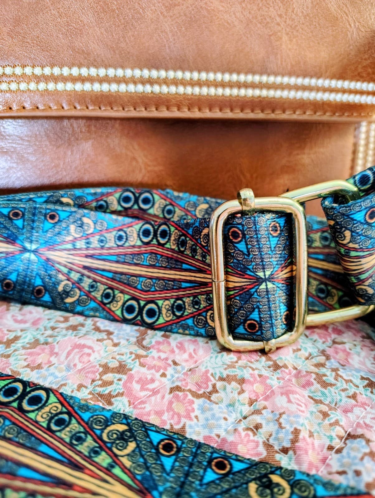 NWOT Brown Leather Crossbody Bag Teal Camera Strap - Thumbnail 12