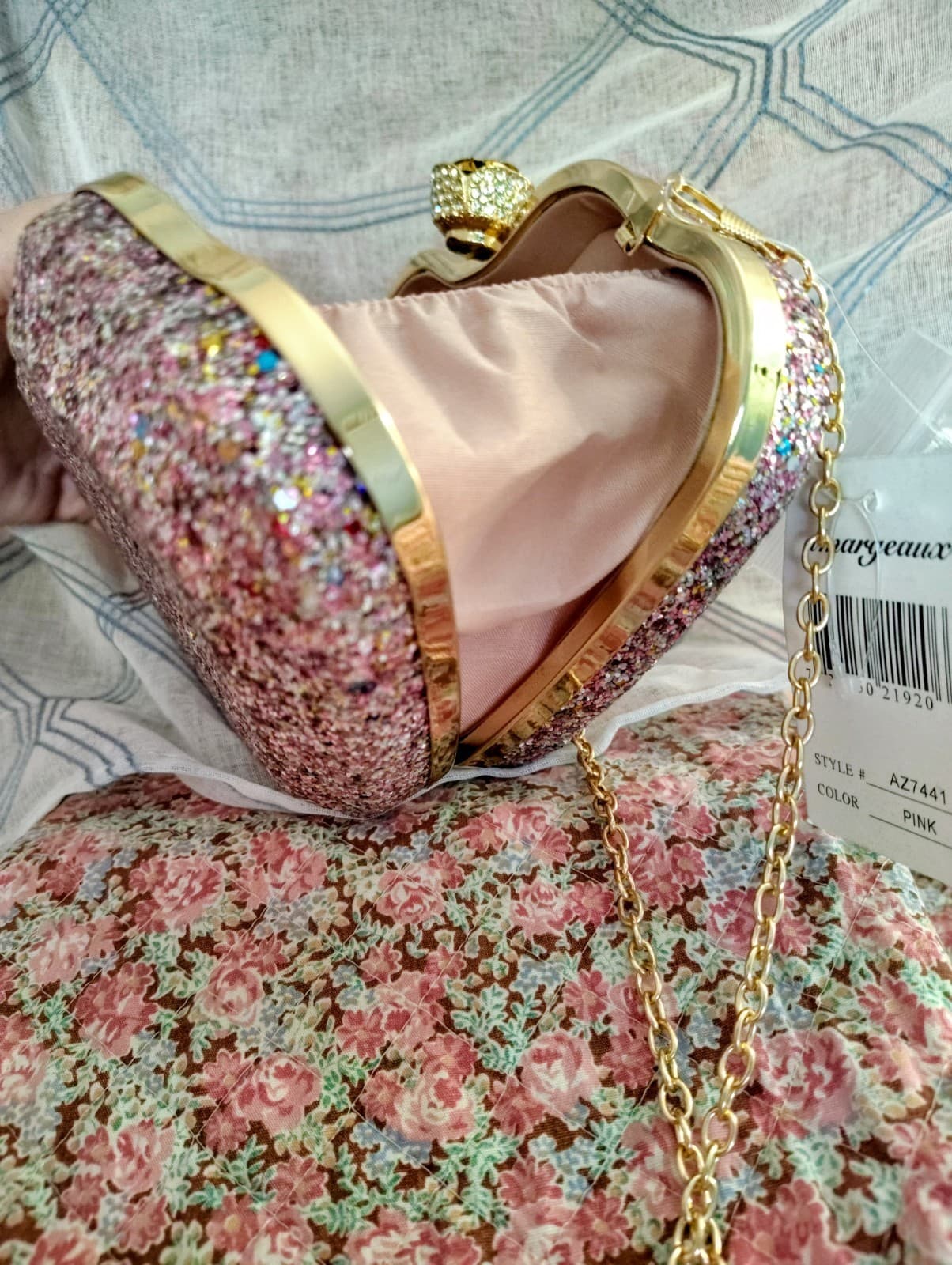 NWT Fancy Jeweled Glittered Hardshell Lips Formal Dress Bag Gold Chain - Thumbnail 10