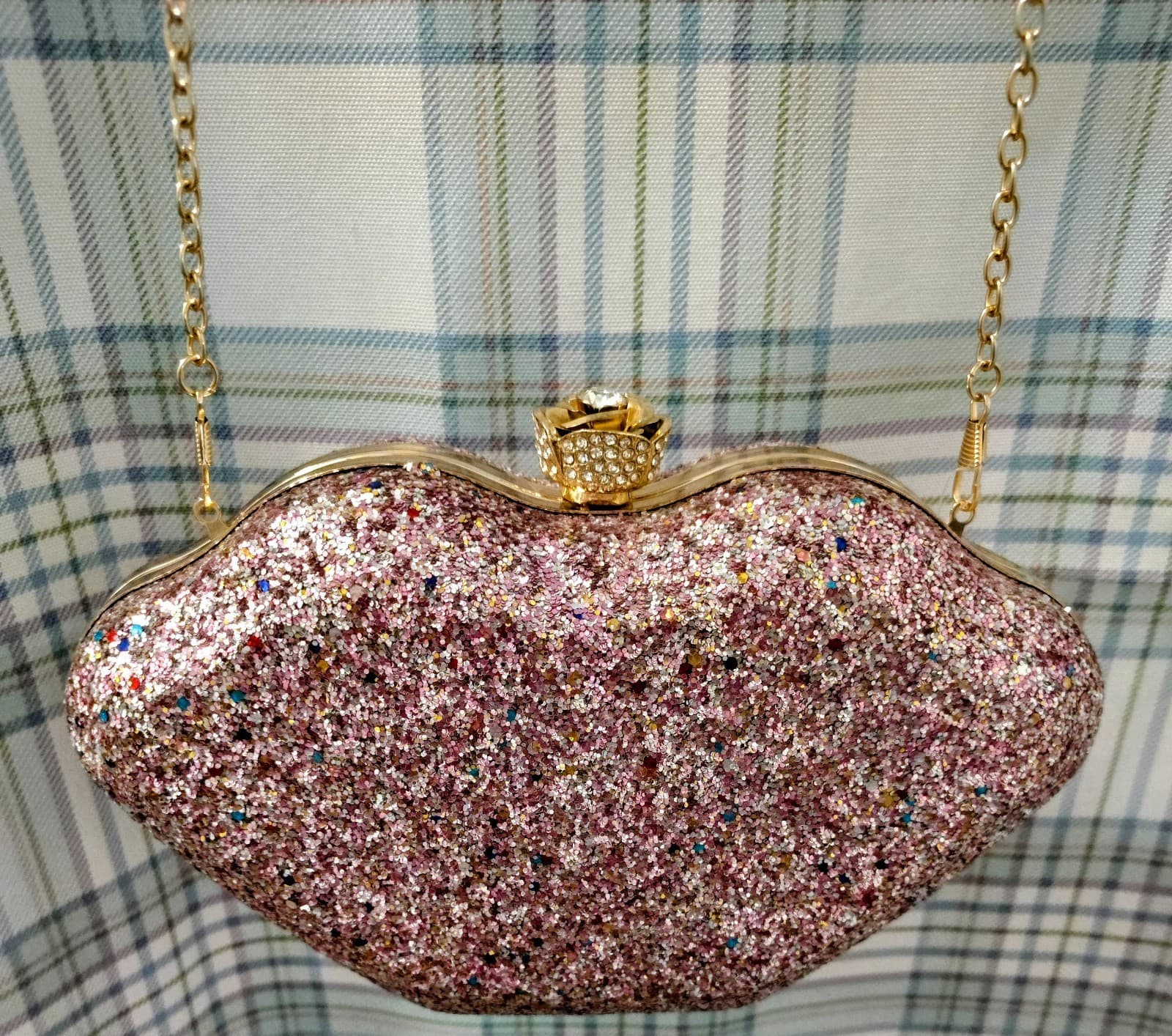 NWT Fancy Jeweled Glittered Hardshell Lips Formal Dress Bag Gold Chain - Thumbnail 5