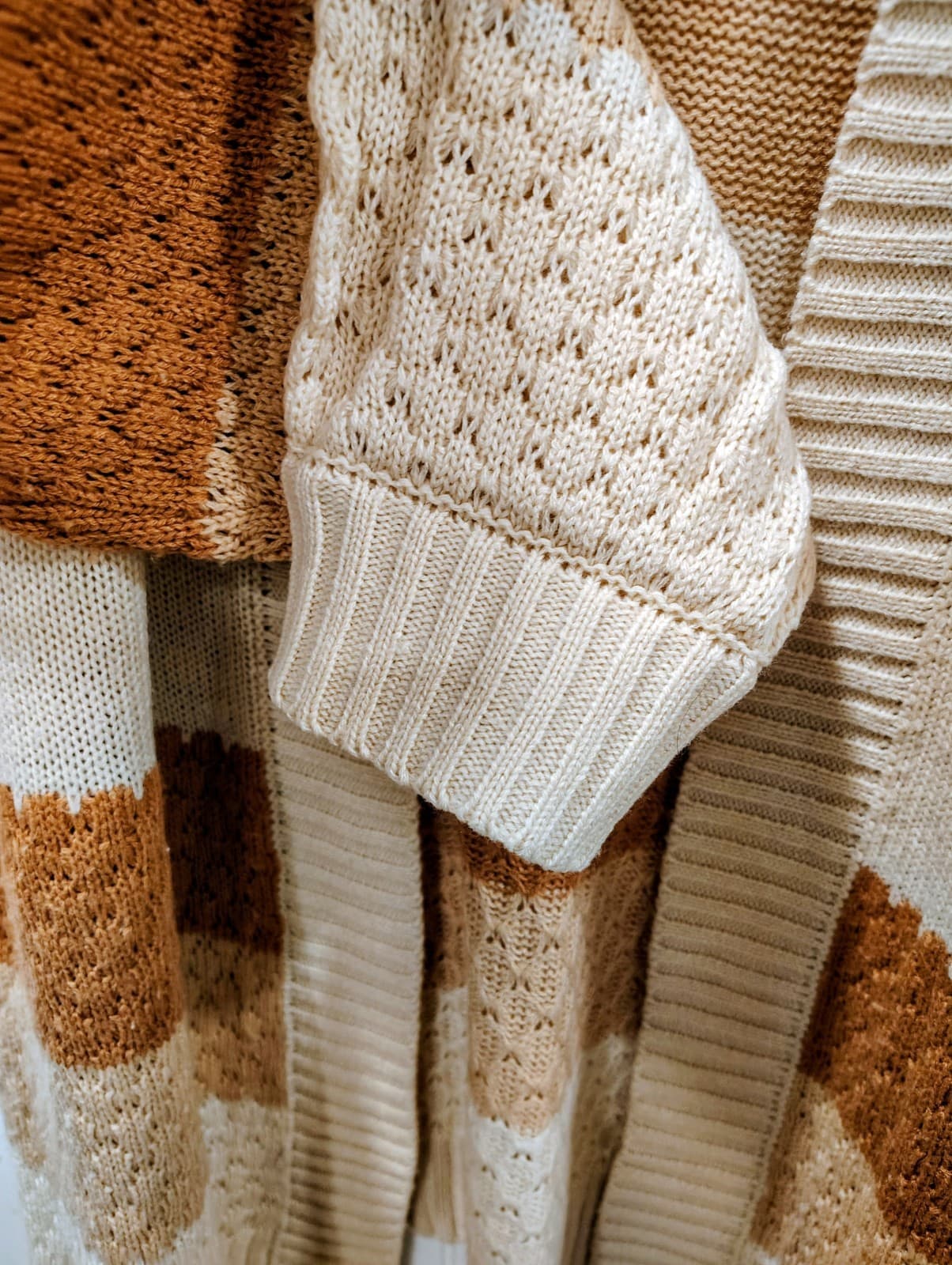No Comment brand color-block cardigan, beige, rust brown, Women's Plus 2X - Thumbnail 5