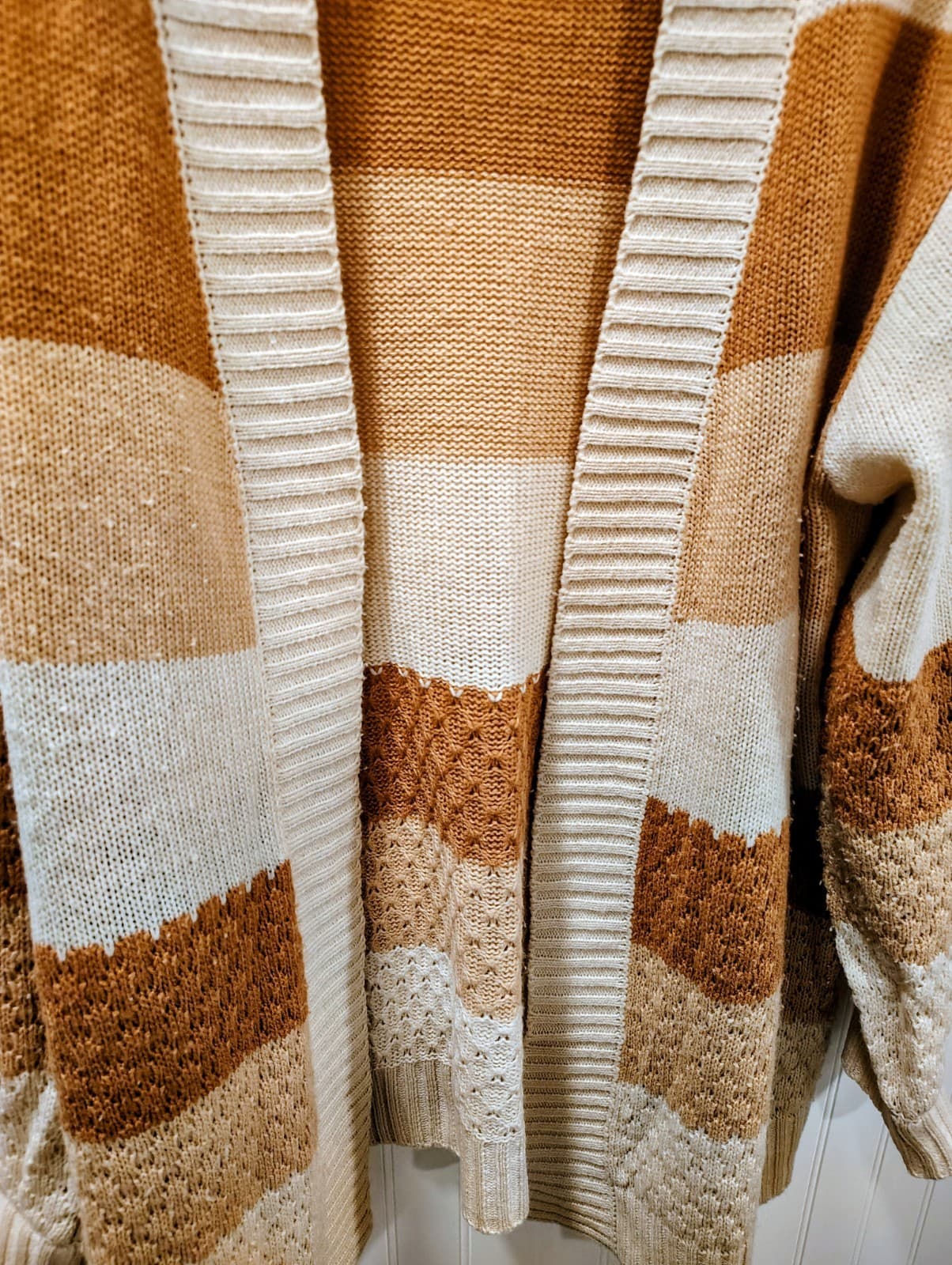 No Comment brand color-block cardigan, beige, rust brown, Women's Plus 2X - Thumbnail 3