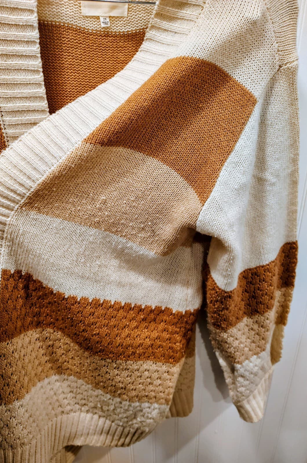 No Comment brand color-block cardigan, beige, rust brown, Women's Plus 2X - Thumbnail 6