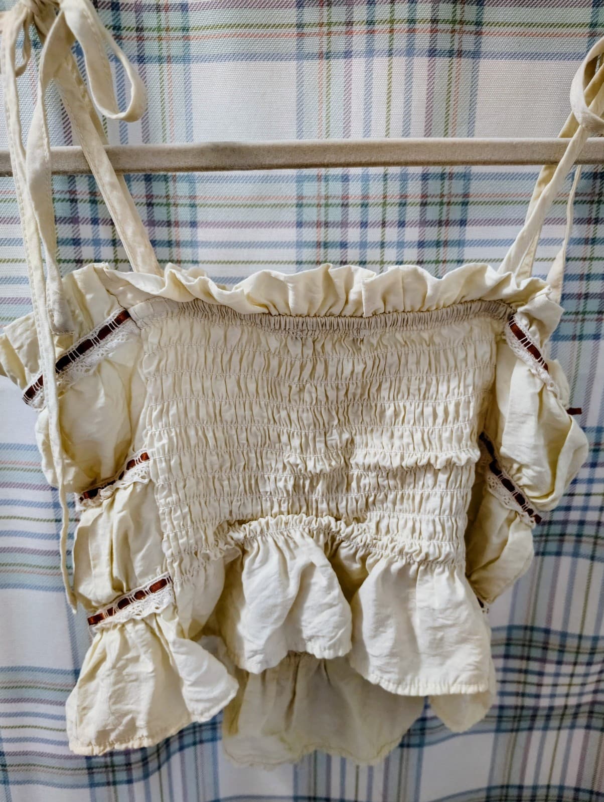 Thirty/Thirty LA Beige Boho Lace Ribbon Trim Ruffle Bow Tank Top Tie Smocked, Sm - Thumbnail 5