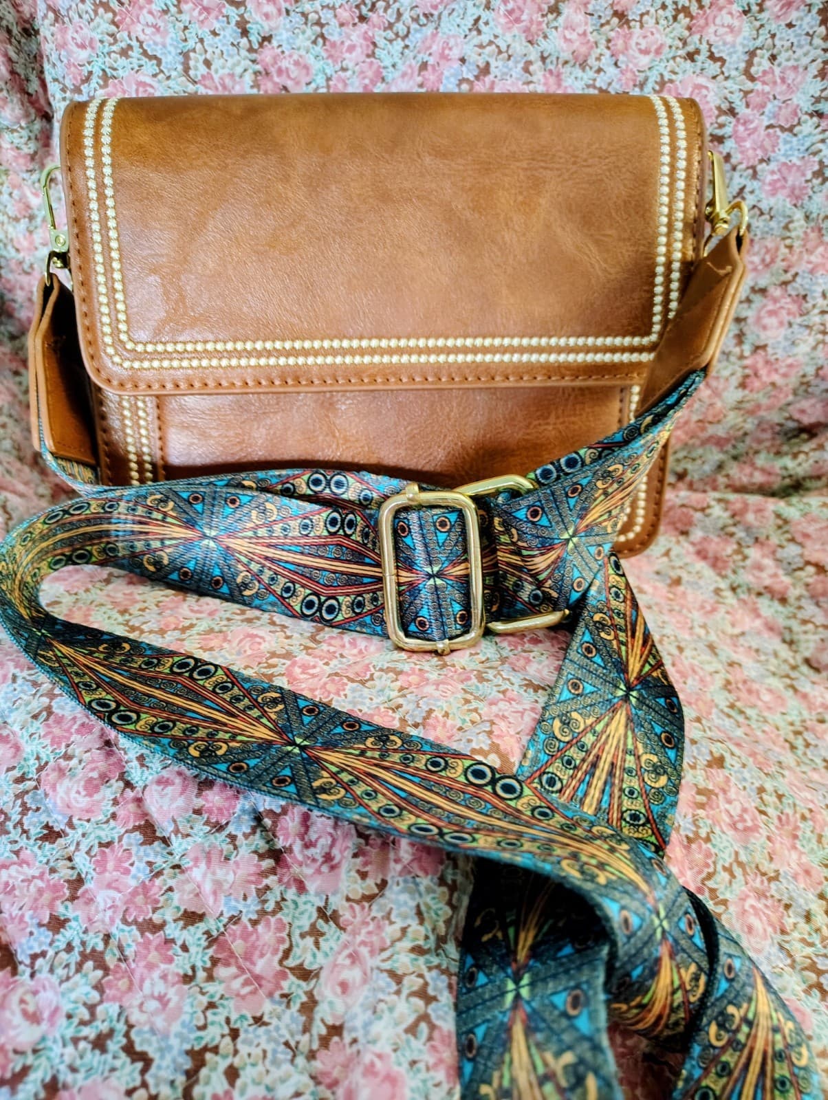 NWOT Brown Leather Crossbody Bag Teal Camera Strap - Thumbnail 10