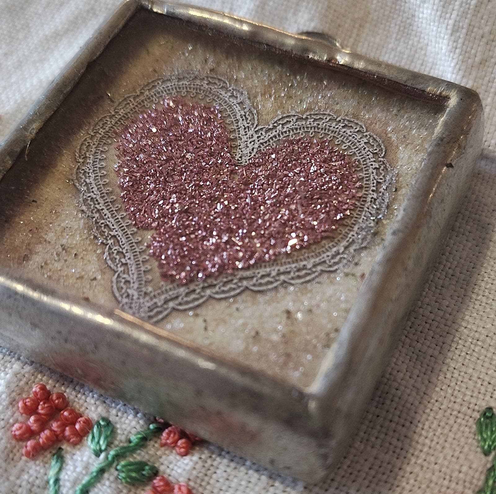 Handcrafted Square Mixed Media Pendant Pink Glitter Heart Butterfly Charm - Thumbnail 7