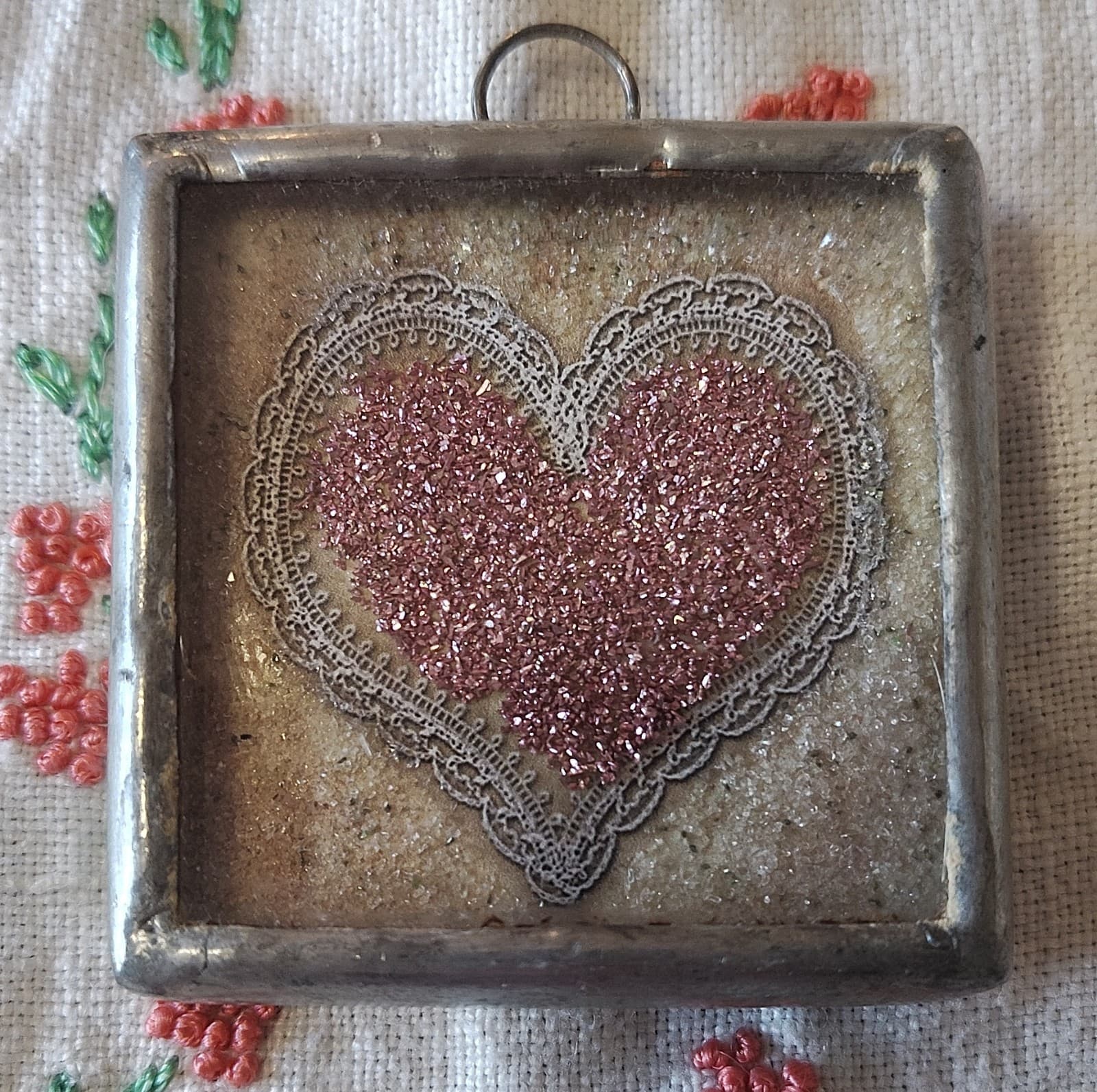 Handcrafted Square Mixed Media Pendant Pink Glitter Heart Butterfly Charm - Thumbnail 2
