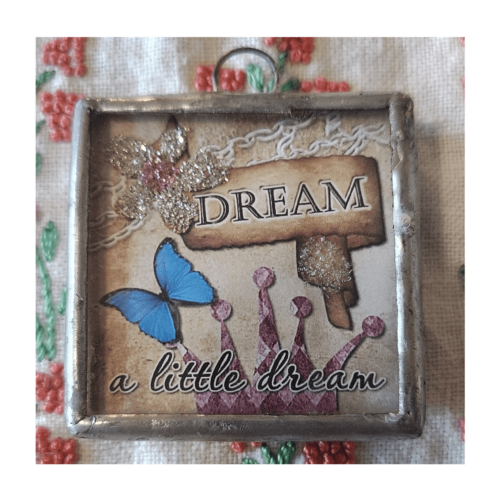 Handcrafted Square Mixed Media Pendant Pink Glitter Heart Butterfly Charm