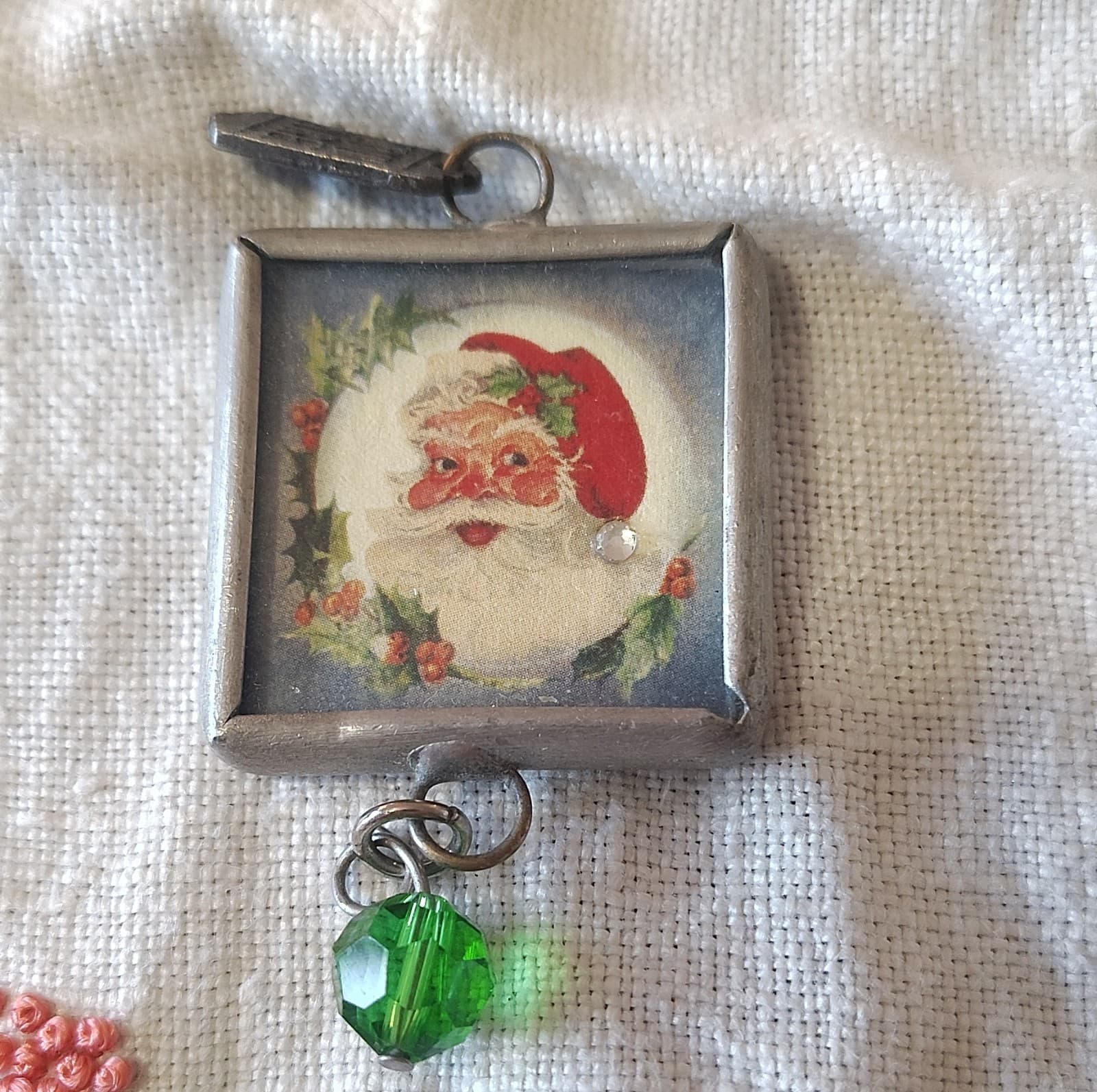 Square Santa Christmas Glass Pendant Charm with Green Glass Bead, Metal, Unisex - Thumbnail 2