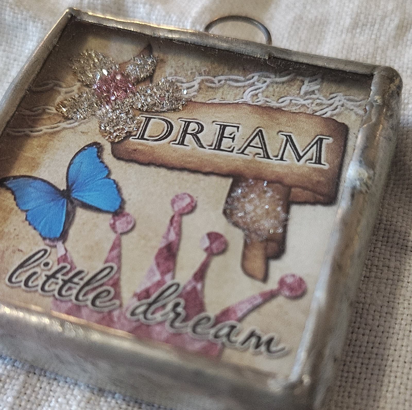 Handcrafted Square Mixed Media Pendant Pink Glitter Heart Butterfly Charm - Thumbnail 6