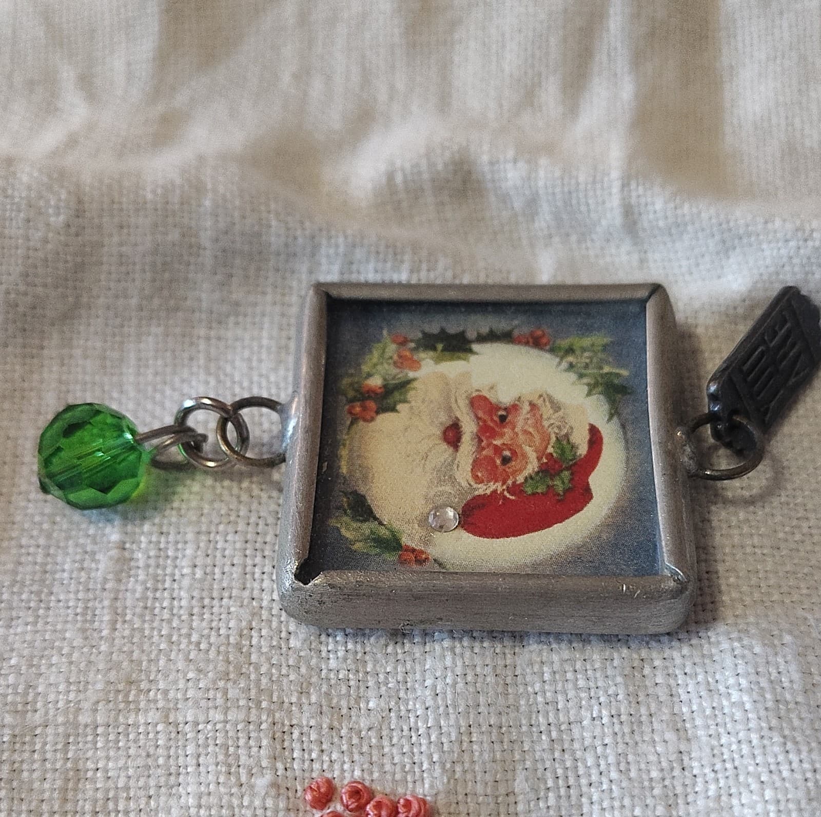 Square Santa Christmas Glass Pendant Charm with Green Glass Bead, Metal, Unisex - Thumbnail 4