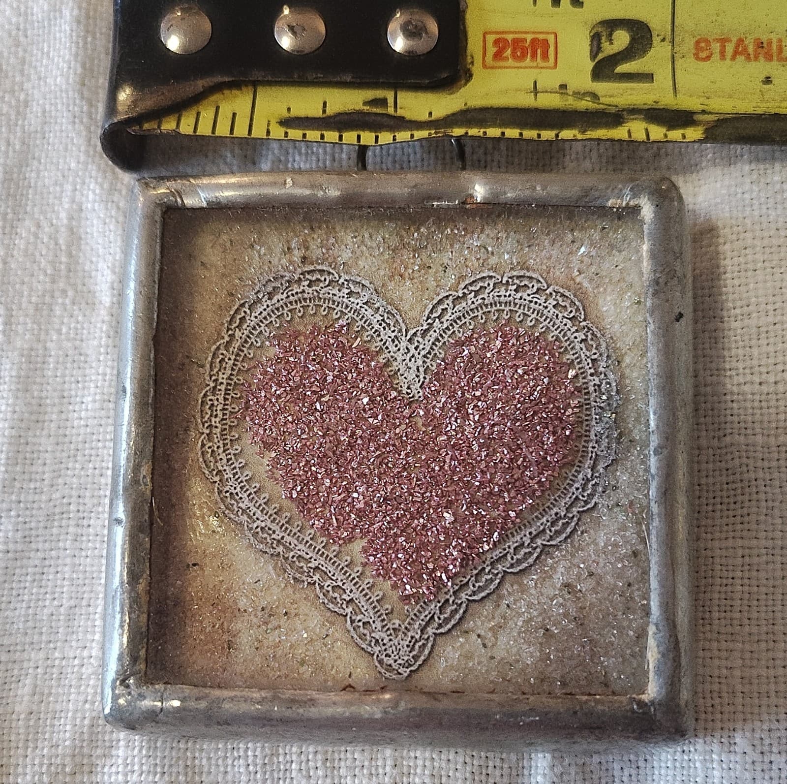 Handcrafted Square Mixed Media Pendant Pink Glitter Heart Butterfly Charm - Thumbnail 4