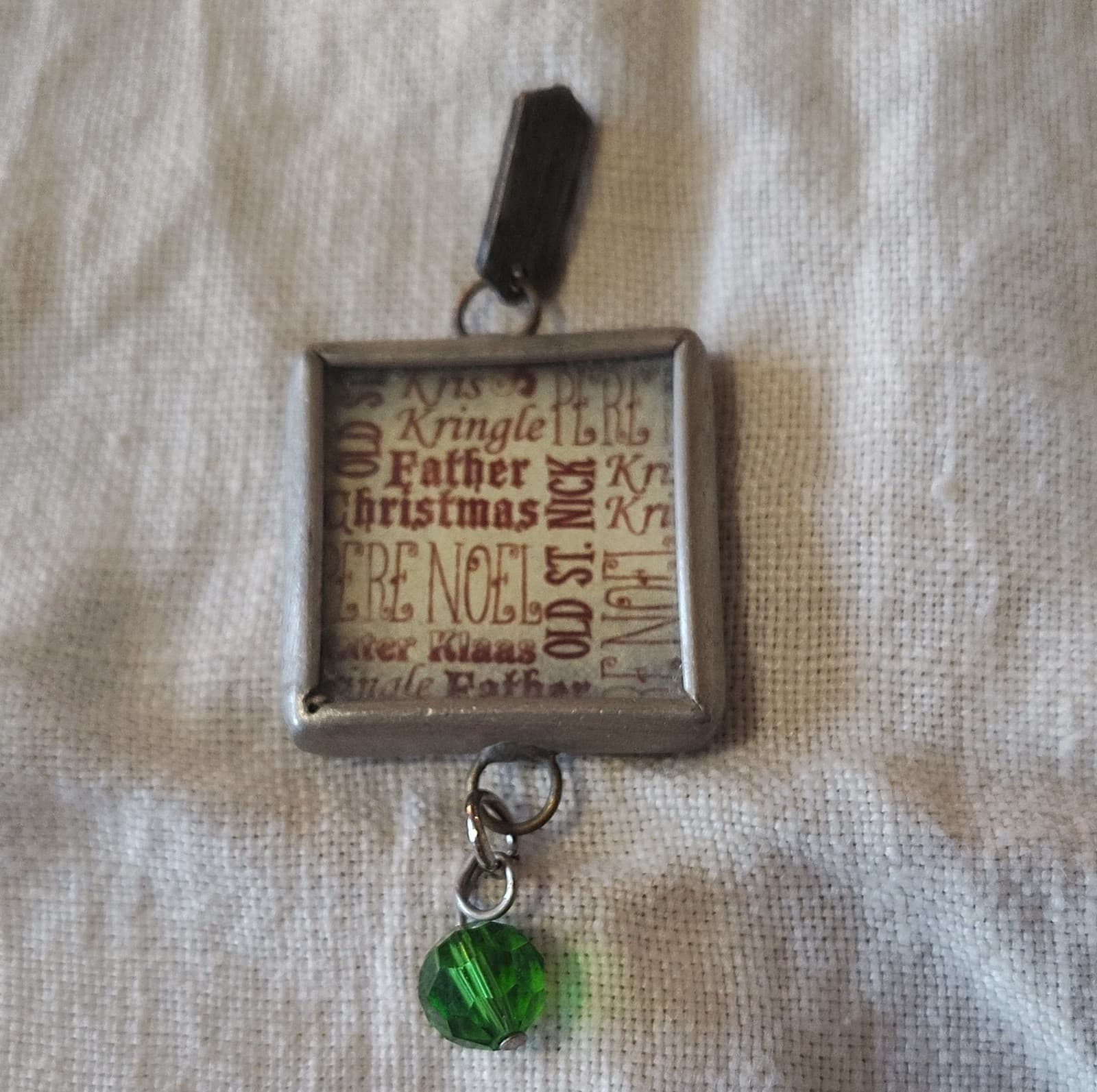Square Santa Christmas Glass Pendant Charm with Green Glass Bead, Metal, Unisex - Thumbnail 5