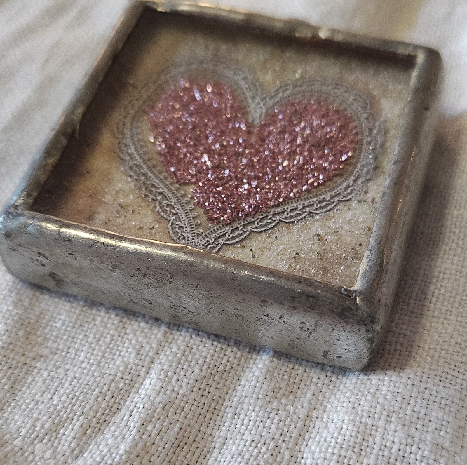Handcrafted Square Mixed Media Pendant Pink Glitter Heart Butterfly Charm - Thumbnail 3