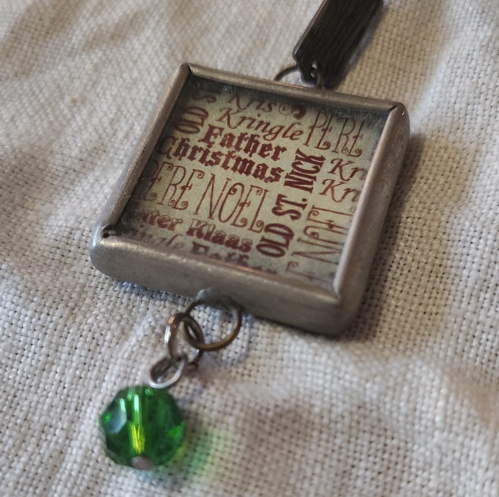 Square Santa Christmas Glass Pendant Charm with Green Glass Bead, Metal, Unisex - Thumbnail 6