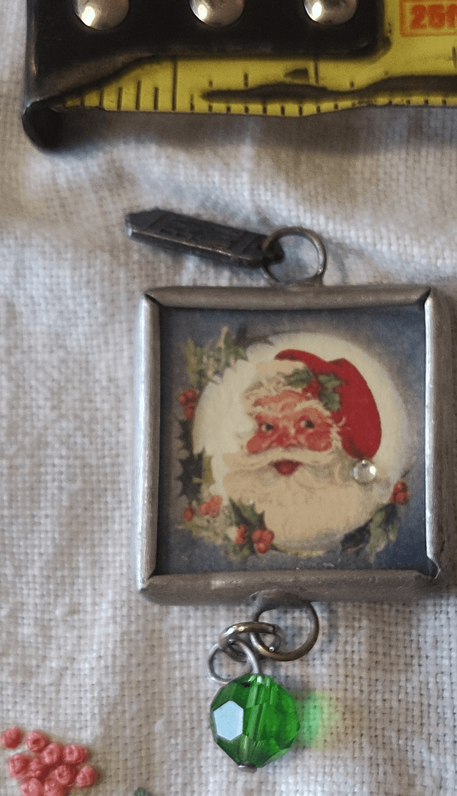 Square Santa Christmas Glass Pendant Charm with Green Glass Bead, Metal, Unisex