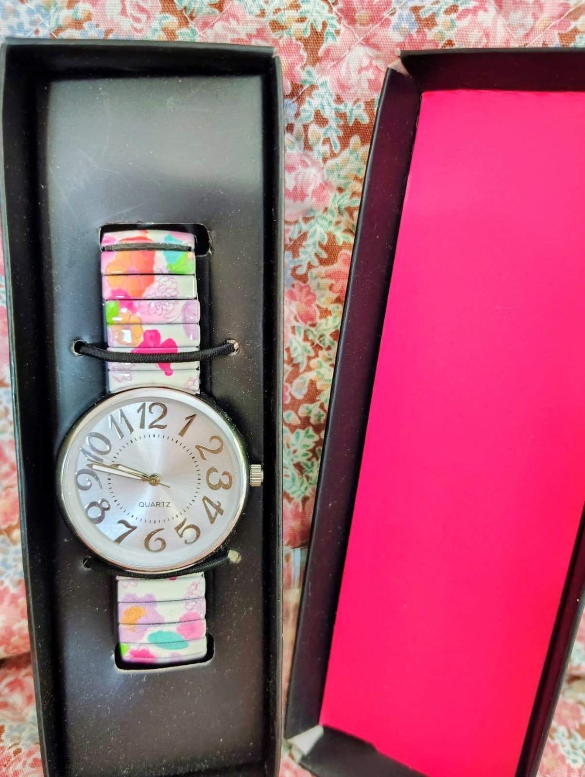 NIB Avon Watch, Floral, Butterfly, Elastic Stainless Steel Band