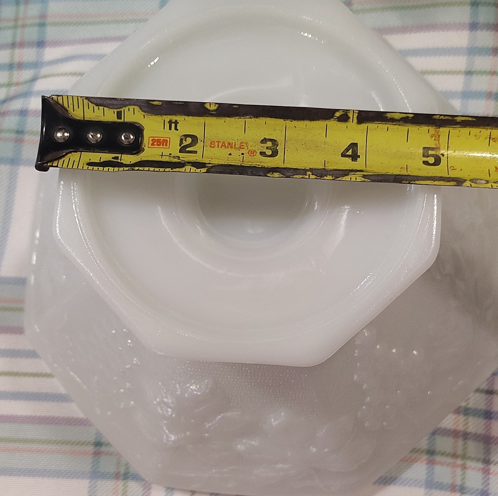Vintage White Milk Glass Octagonal Pedestal Bowl Grape Leaf Pattern - Thumbnail 12