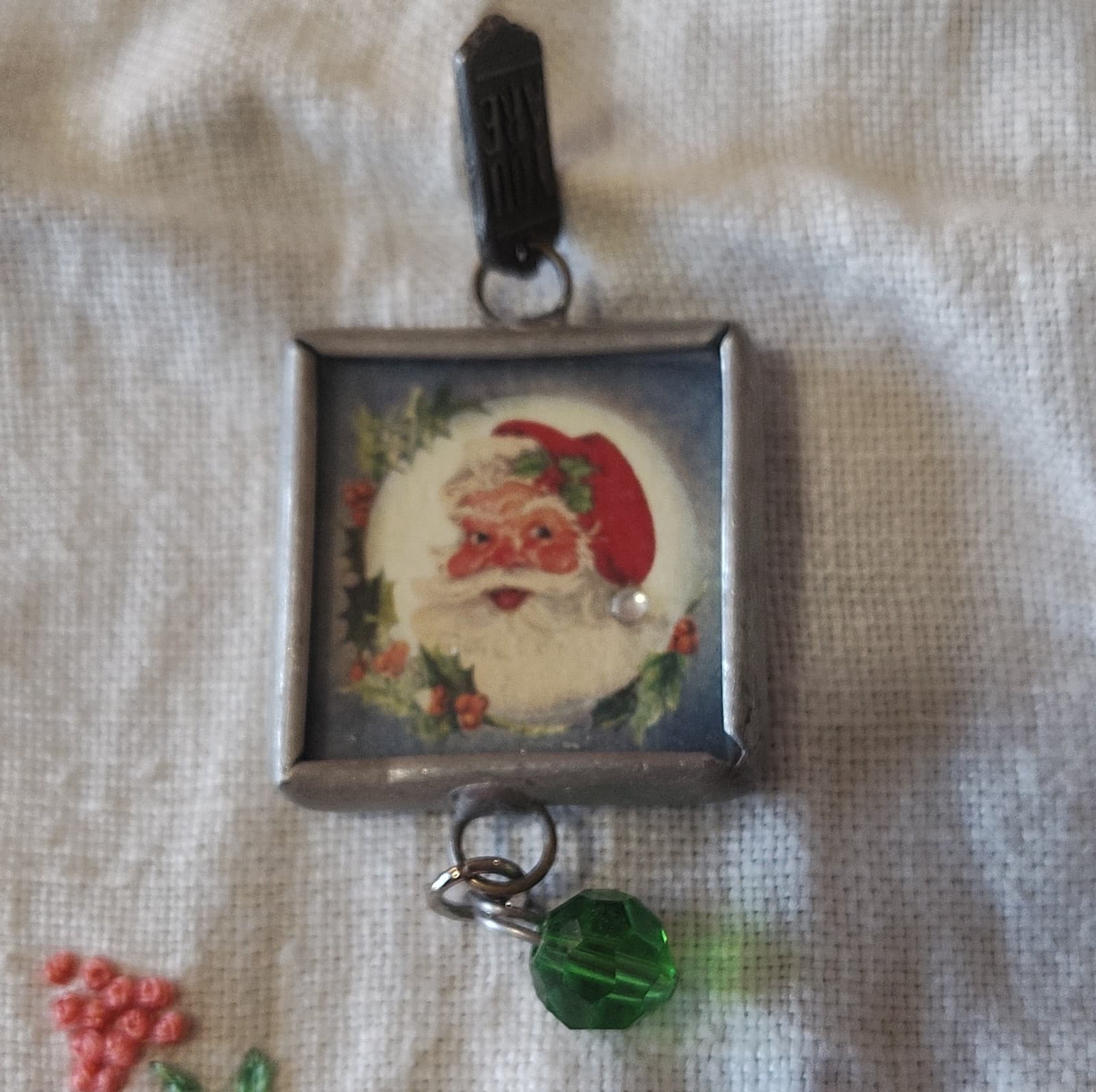 Square Santa Christmas Glass Pendant Charm with Green Glass Bead, Metal, Unisex - Thumbnail 3