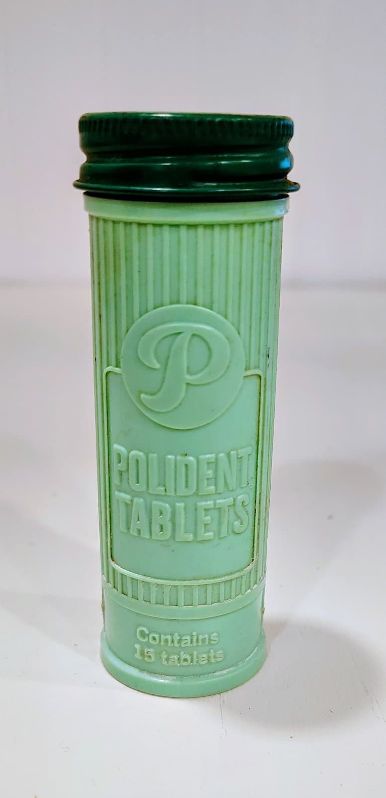Vintage 1950's Green Polident Tablet Container Metal Lid