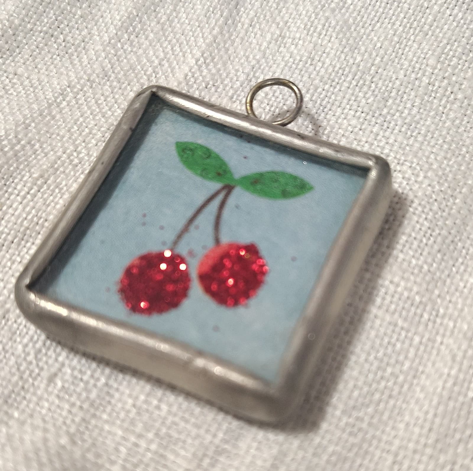 Square Cherry Fruit Glass Pendant Charm with Red Glitter, Silver Frame - Thumbnail 2